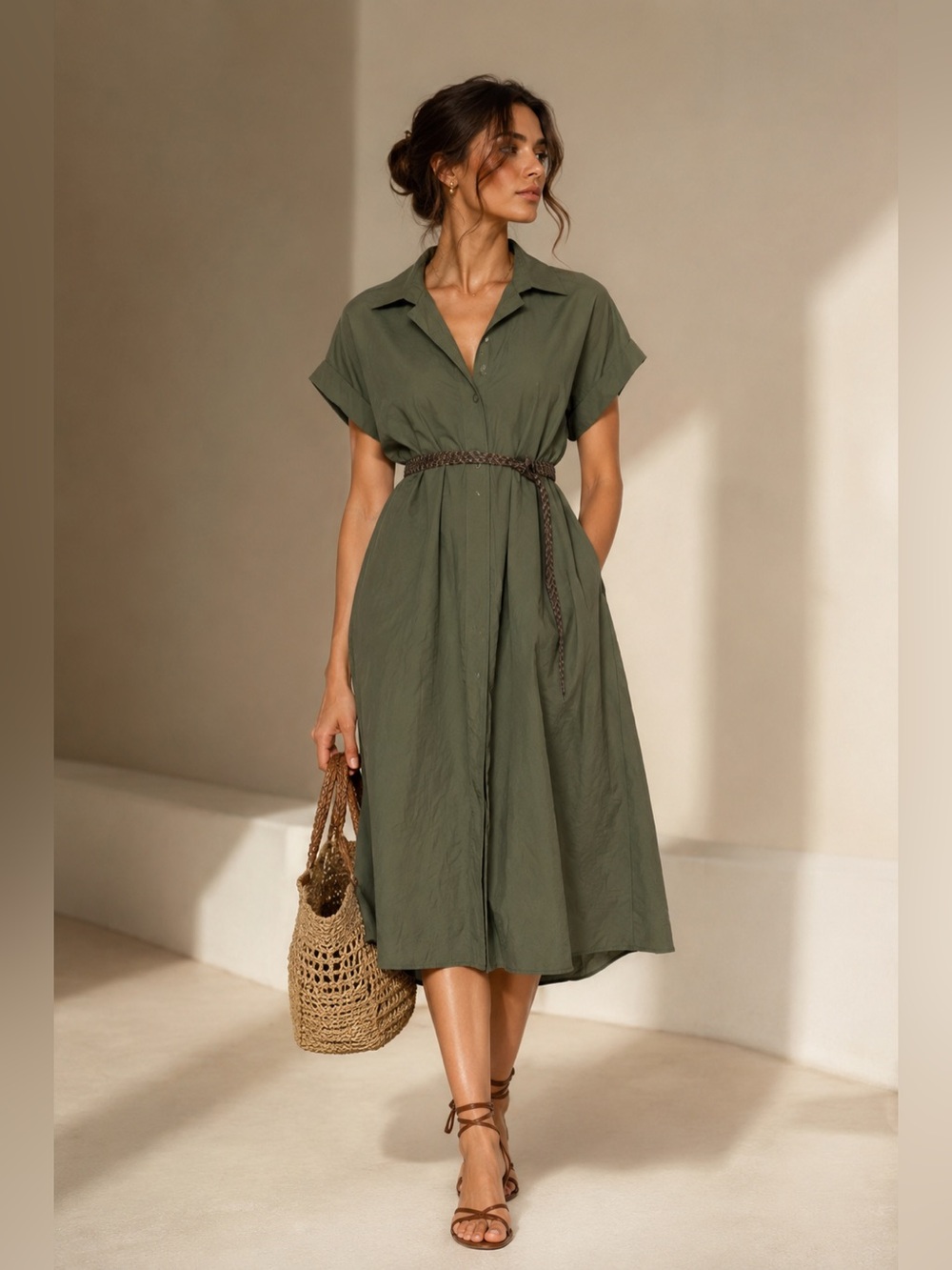 MELLÓDAY Olive Green Shirt Dress Braided Belt Midi XL New With Tags Casual Chic